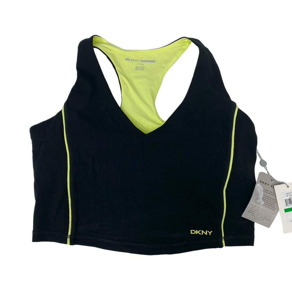DKNY Sport Womens Black Sunny Lime Contrast-Trim Crop Unpadded Tank Top Sz L $44